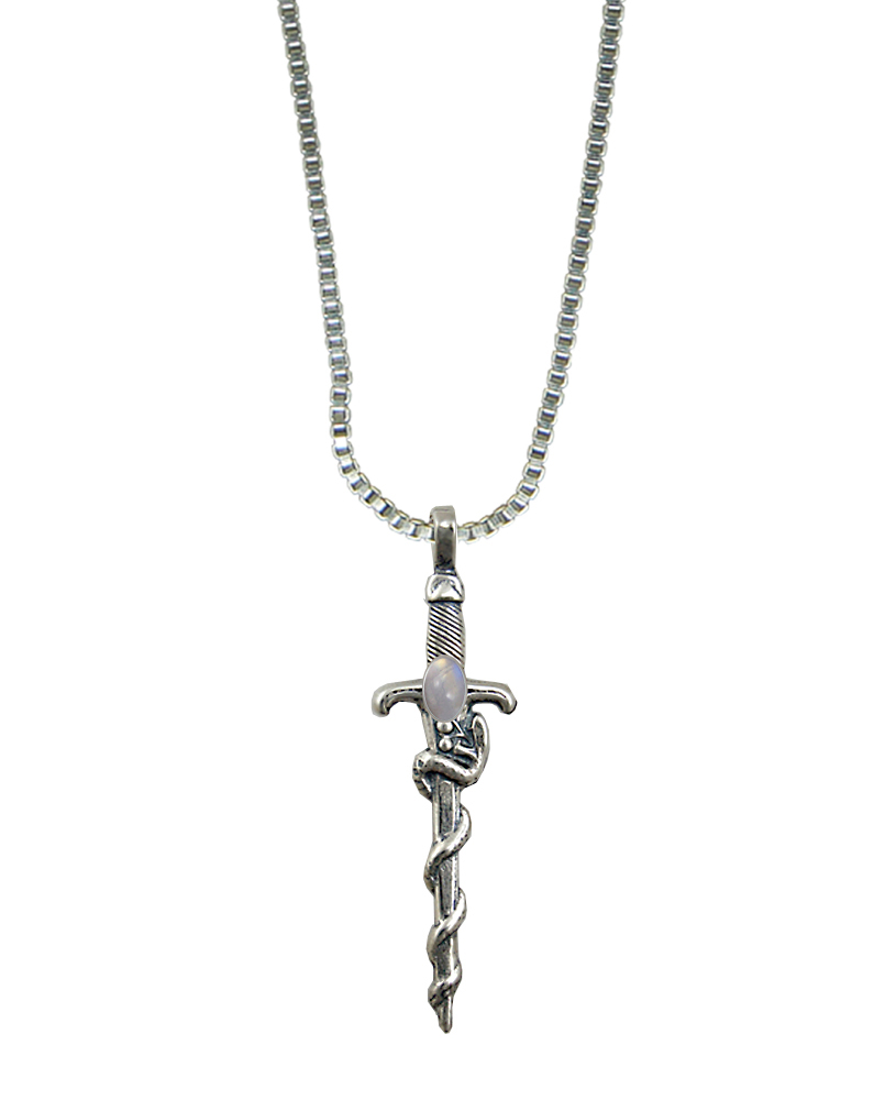 Sterling Silver Snake Sword Pendant With Rainbow Moonstone